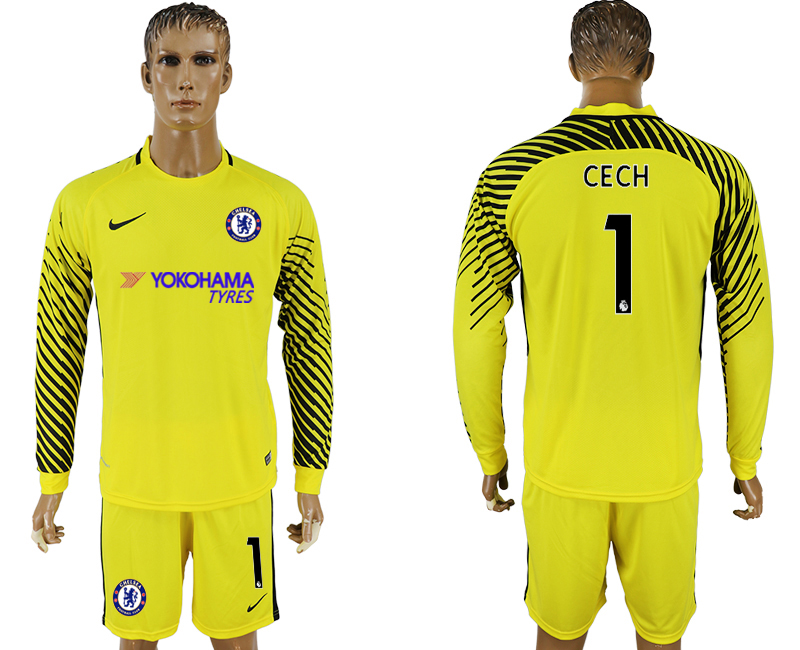 Men 2017-2018 club Chelsea yellow goalkeeper long sleeve 1 soccer jersey