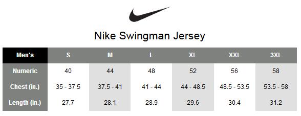 nba jersey nike size chart 