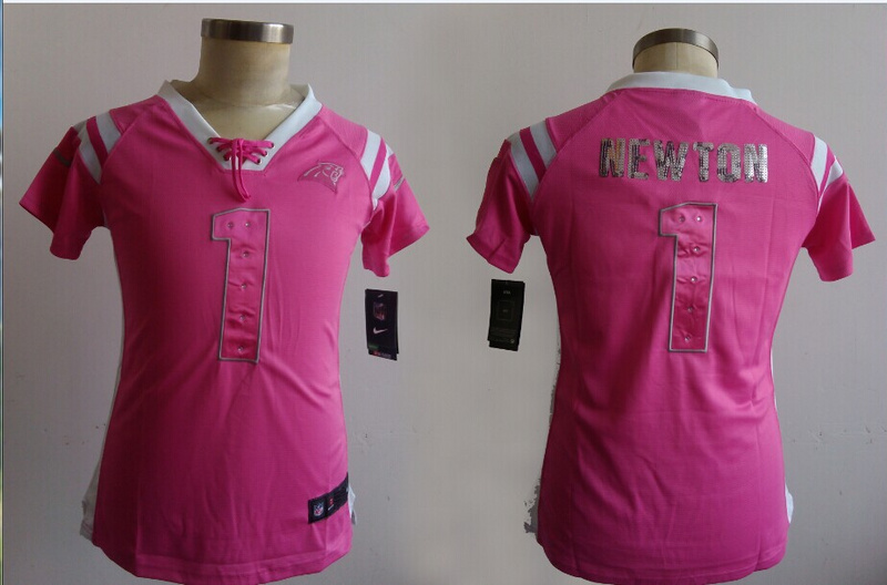 Womens Carolina Panthers 1 Newton Pink Nike Fashion Rhinestone sequins Jerseys