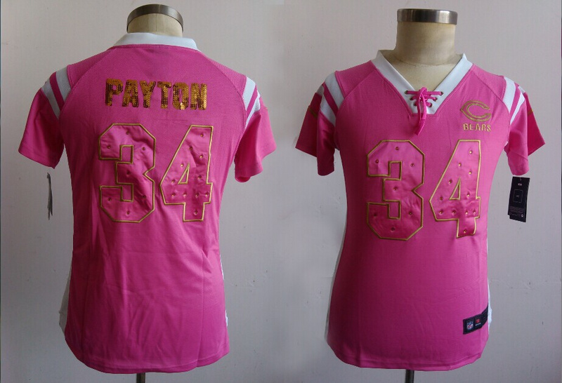 Womens Chicago Bears 34 Payton Pink Nike Fashion Rhinestone sequins Jerseys