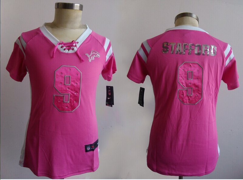 Womens Detroit Lions 9 Stafford Pink Nike Fashion Rhinestone sequins Jerseys